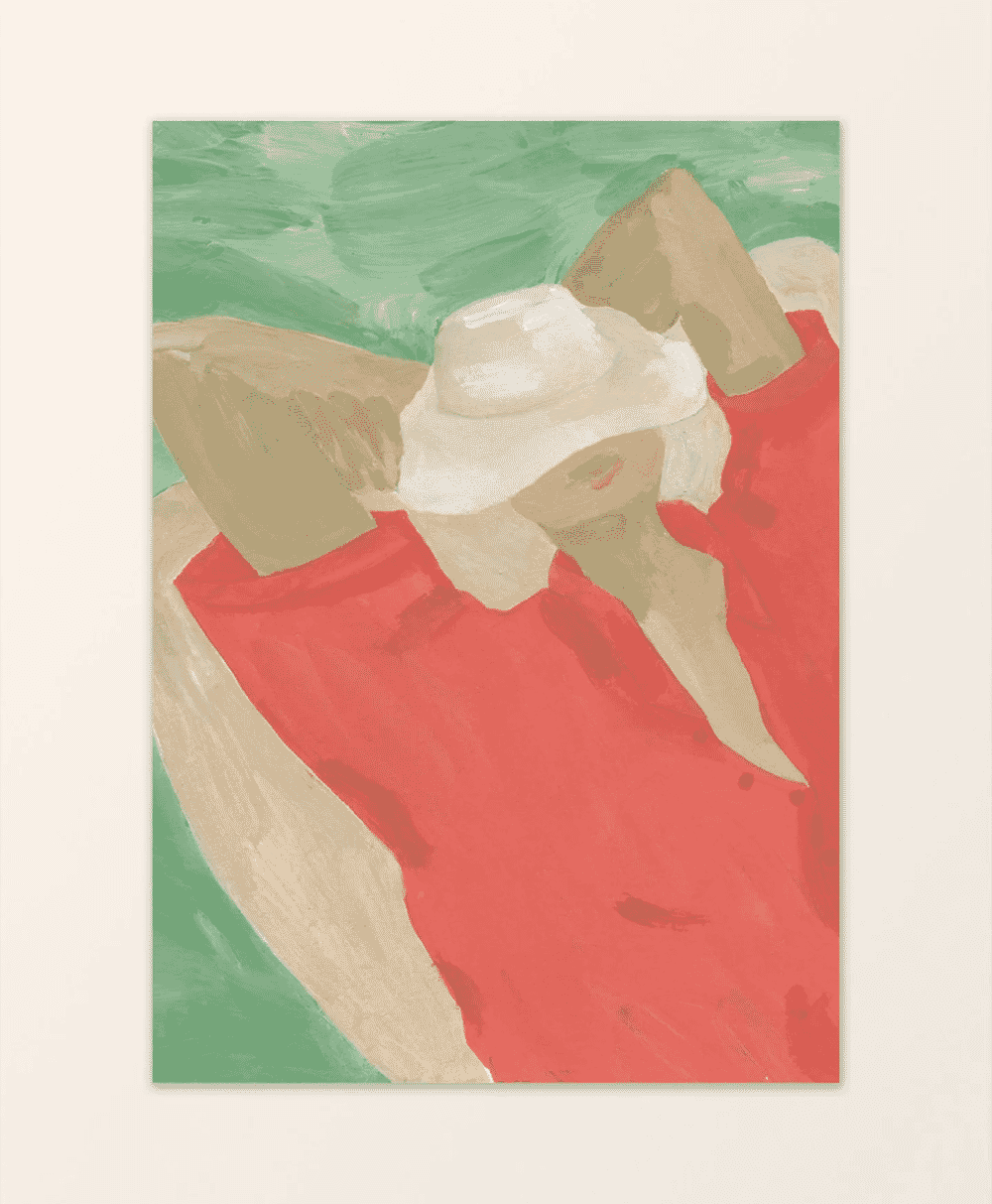 Abstract painting of a figure in a red top and white hat reclining against a green background.