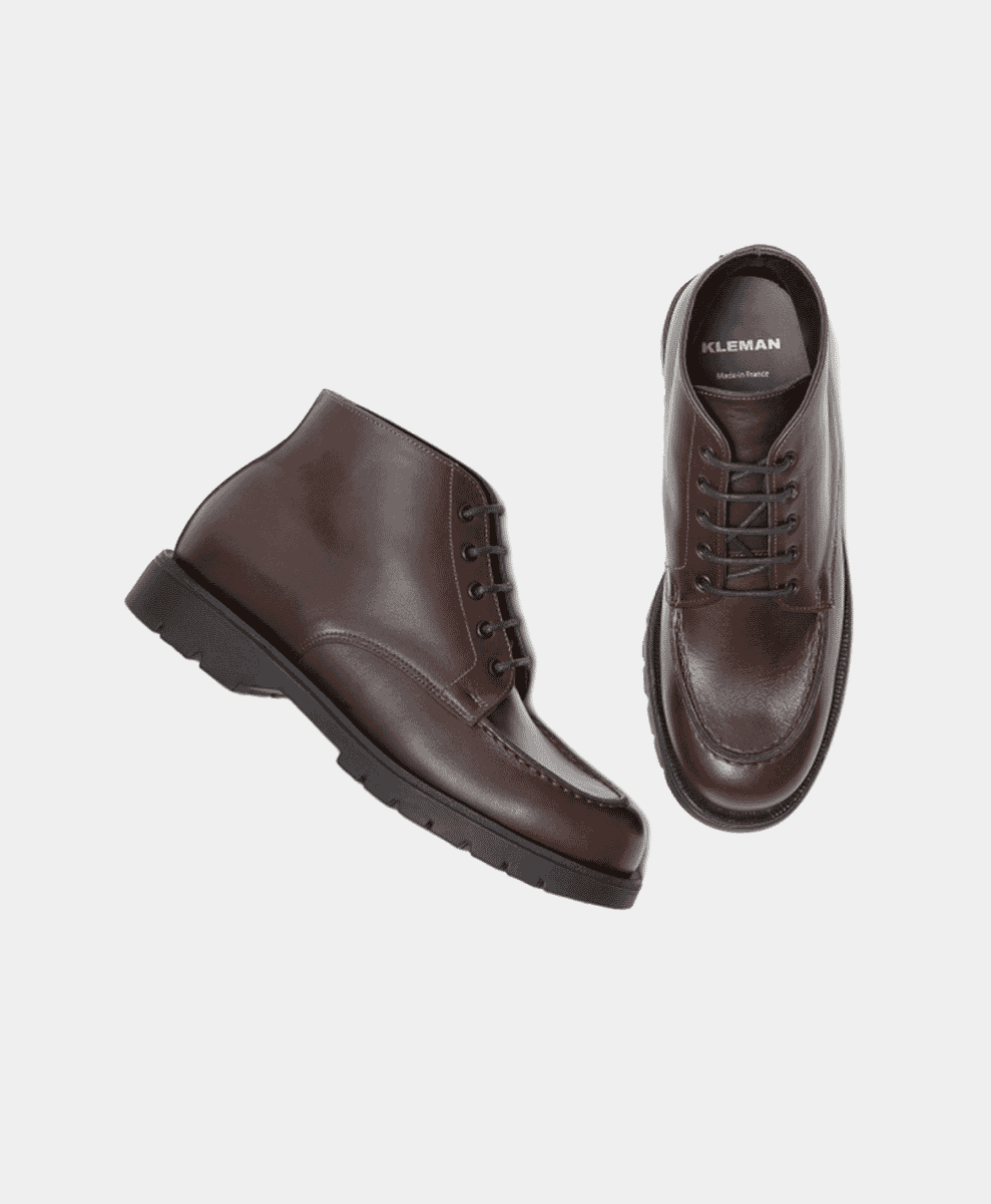 Brown leather lace-up ankle boots with chunky soles shown from side and top-down angles.