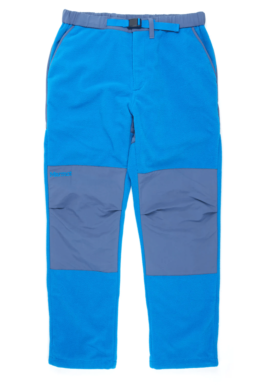 Bright blue fleece pants with gray protective knee patches and an adjustable waist.