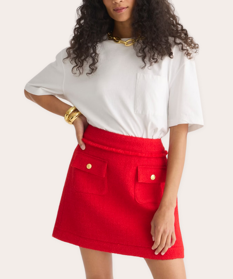 A red patch-pocket mini skirt.