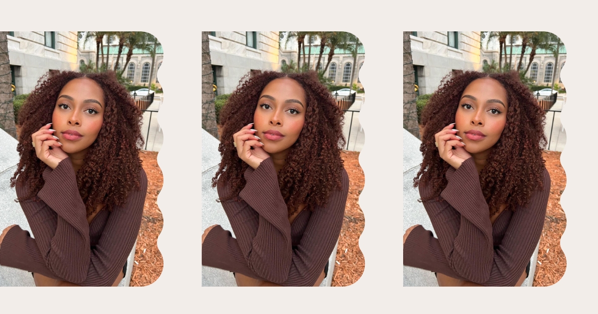 Hair model with deep chocolate brown roots transitioning into a warm copper ombre finish.