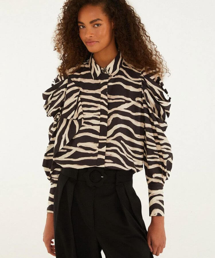 Farm Rio Zebra Ruffle Shirt with wavy black and white stripes
