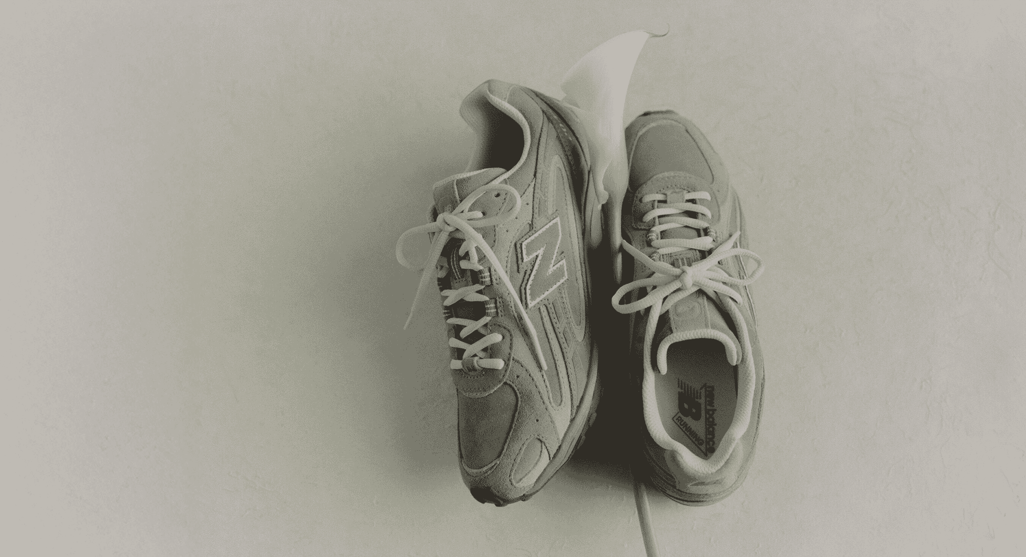 Monochrome artistic shot of gray sneakers with a white flower accent on a textured surface.