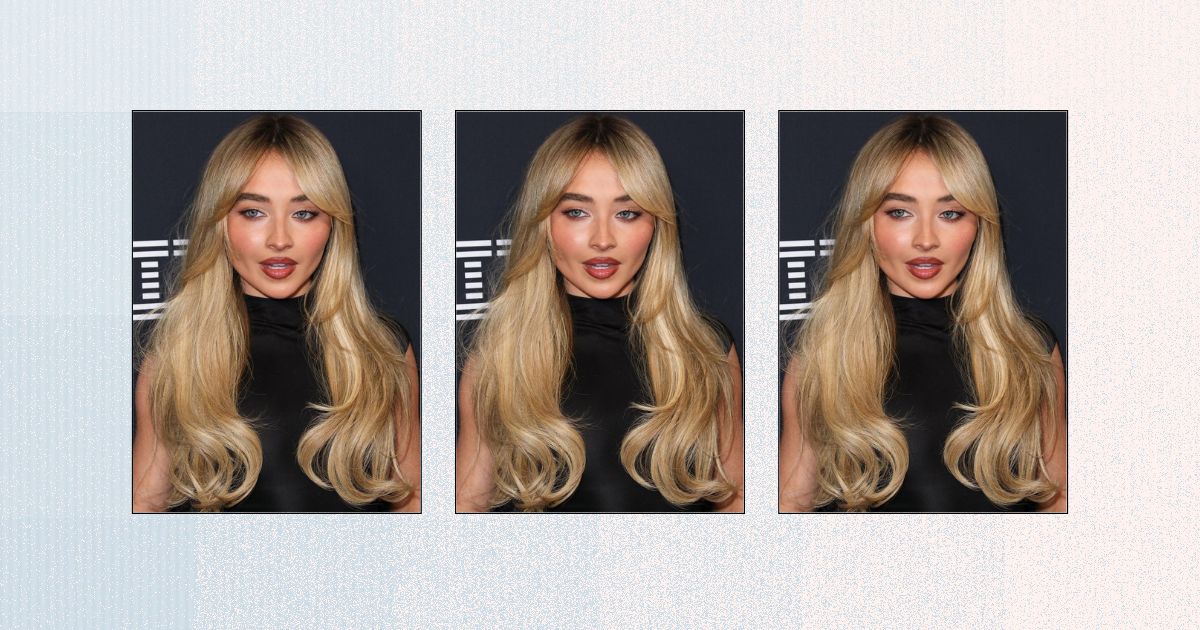 Sabrina Carpenter posing with her makeup collection, featuring a soft and dewy glam look.