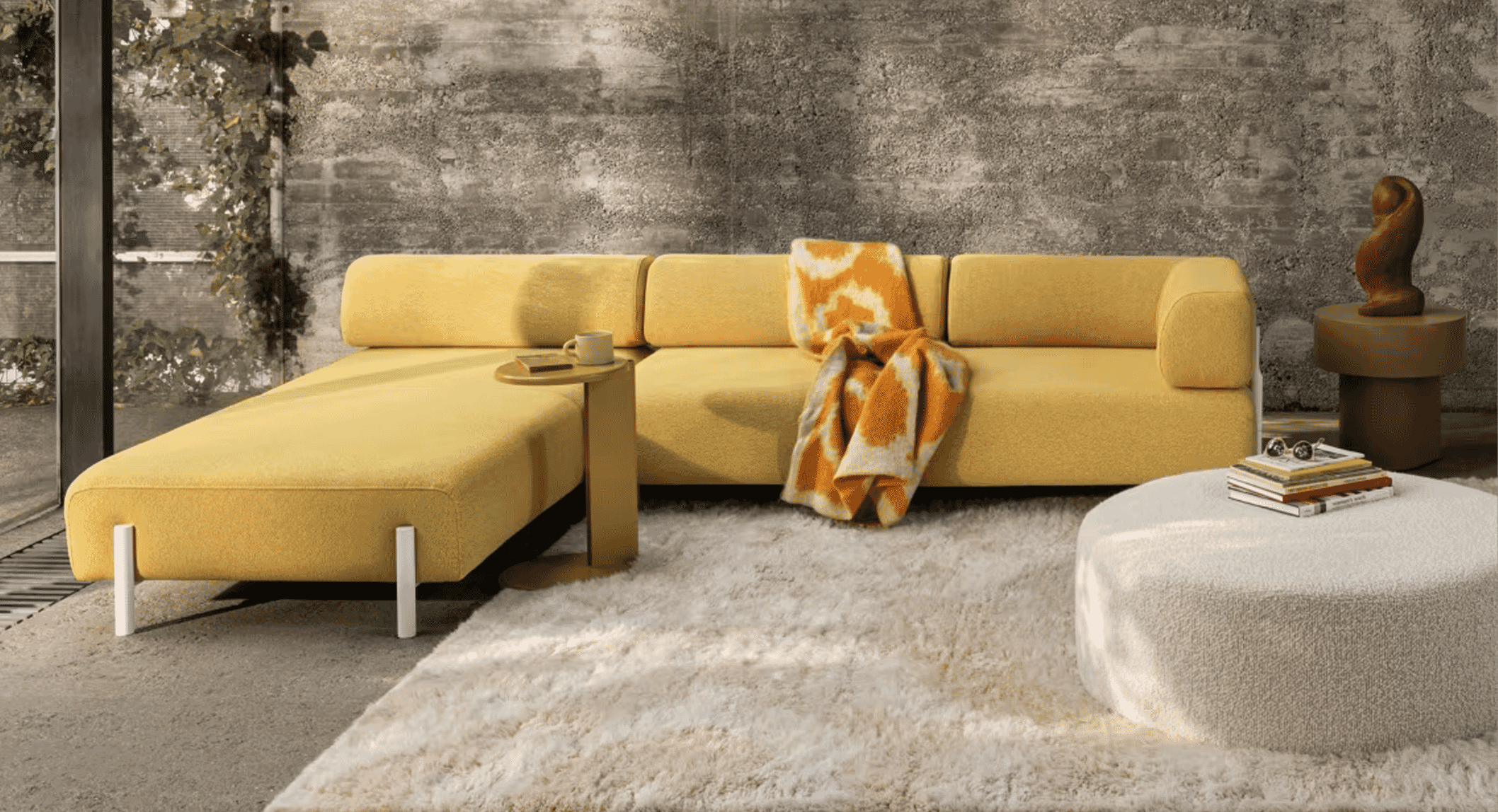 Modern living room featuring a vibrant yellow sectional sofa and textured rug.