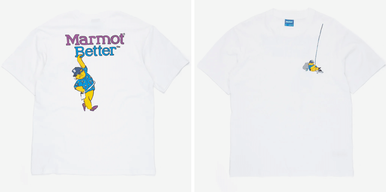 White T-shirt with a cartoon cat golfer on the back and fishing-themed graphics on the chest.