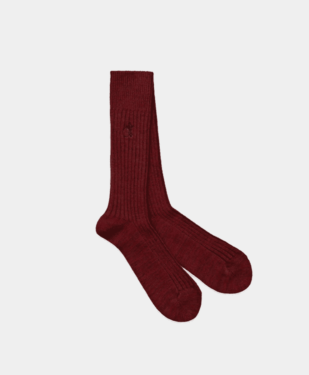 Maroon ribbed knee-high socks with a small embroidered logo.