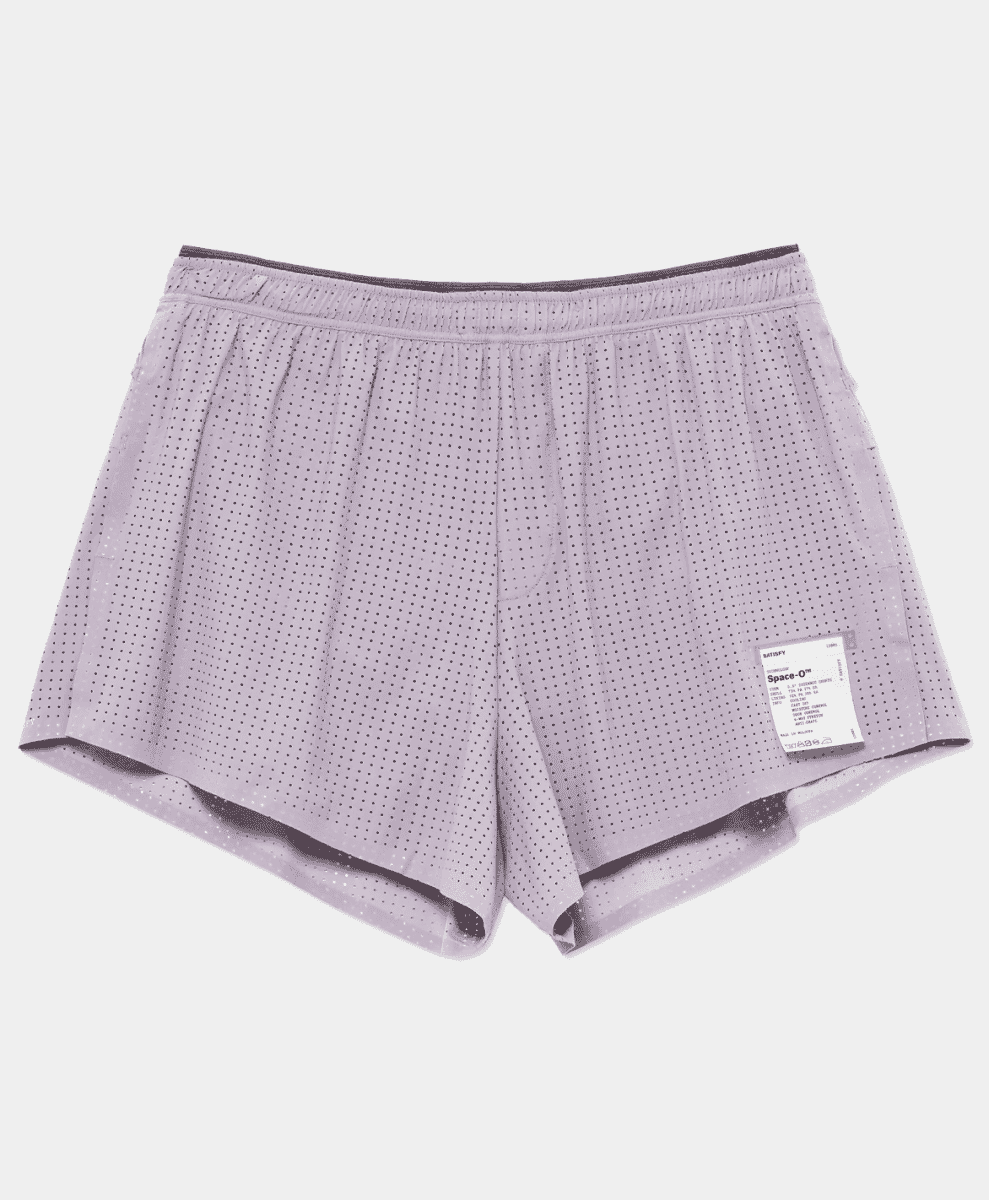 Light purple perforated athletic shorts with an elastic waistband.