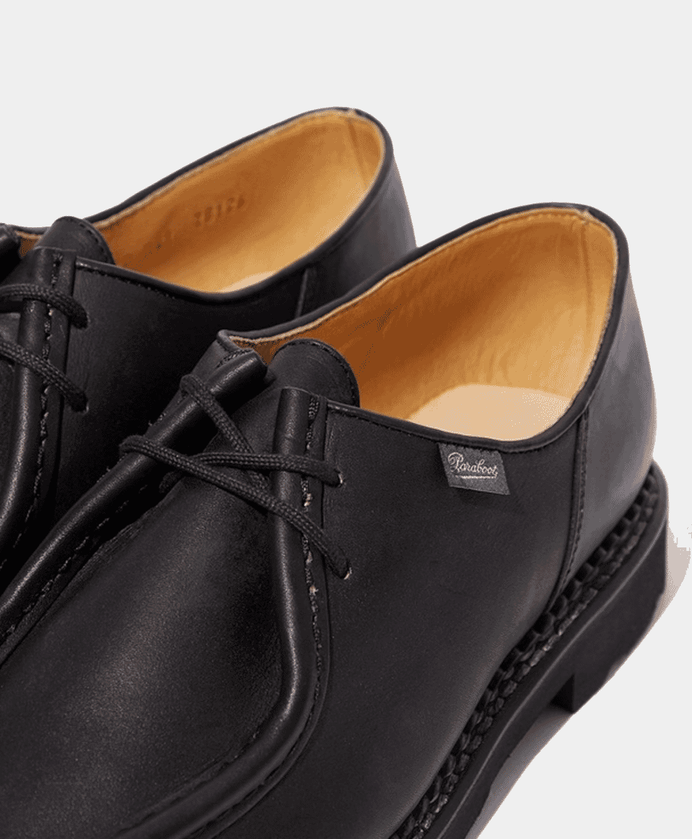 Close-up of Paraboot Michael shoes showing premium leather and woven sole stitching.