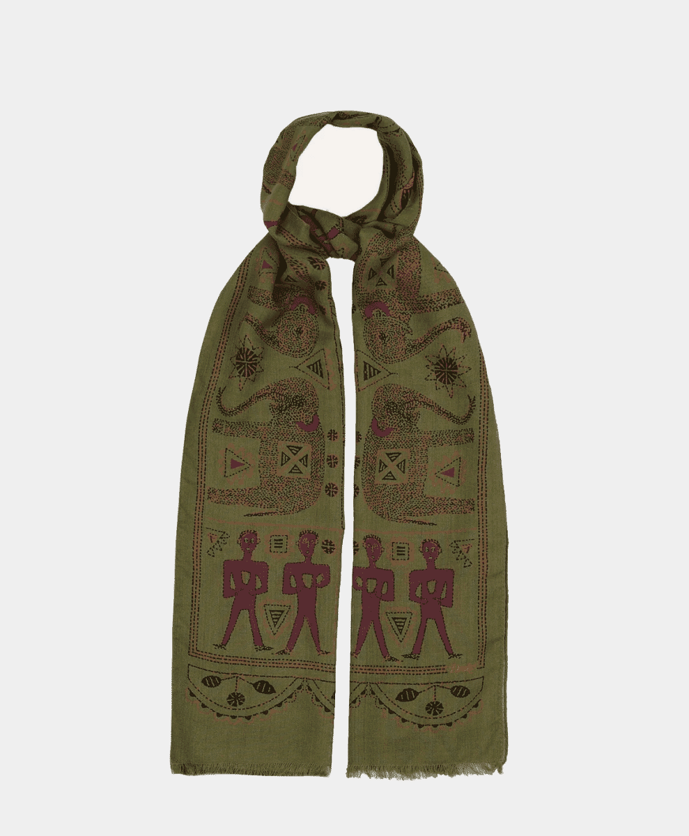 Olive green scarf with intricate tribal embroidery.