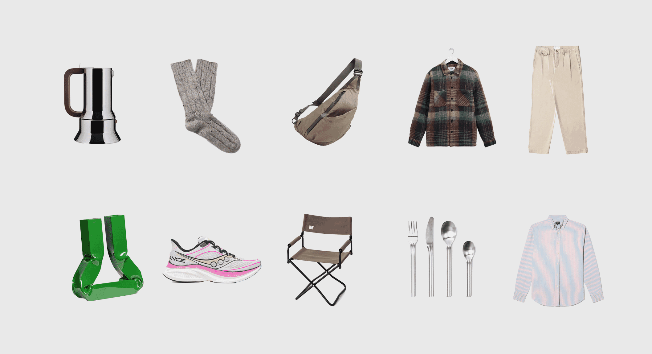 A curated grid of men's fashion and lifestyle items including plaid shirts, corduroy pants, and cutlery.