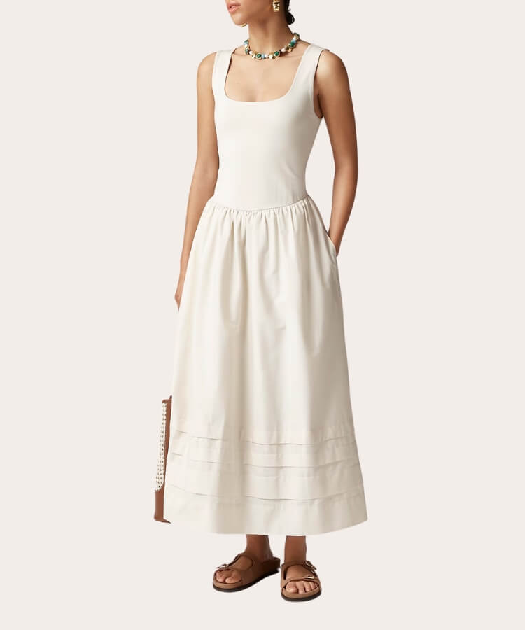 White drop-waist maxi dress.