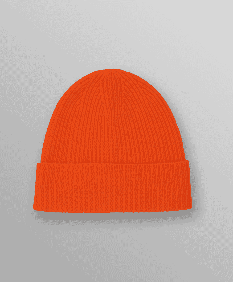 Vibrant orange ribbed knit beanie with a folded cuff.