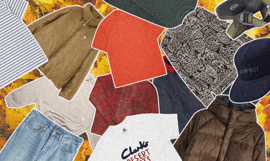 A vibrant collage of men's casual and streetwear clothing against an autumn leaf background.
