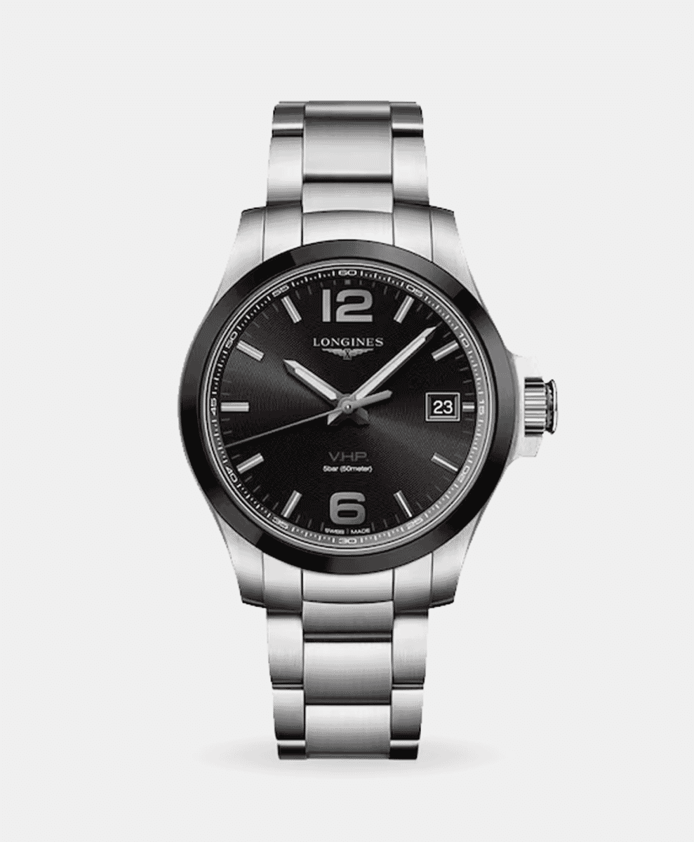 Longines watch with a black dial and stainless steel bracelet on a white background.