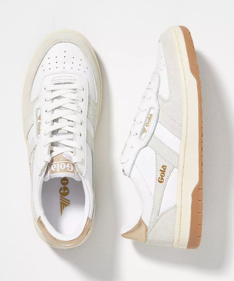White and green retro-style Hawk sneakers by Gola x Anthropologie.