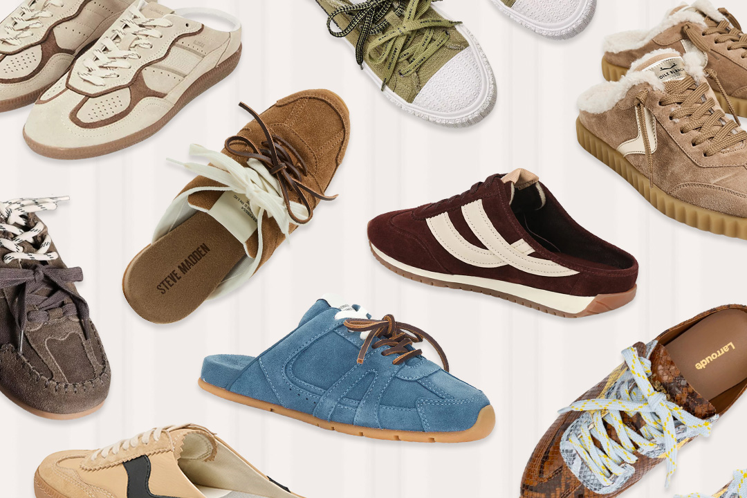 Fashion-forward street style look featuring a pair of sneaker mules.