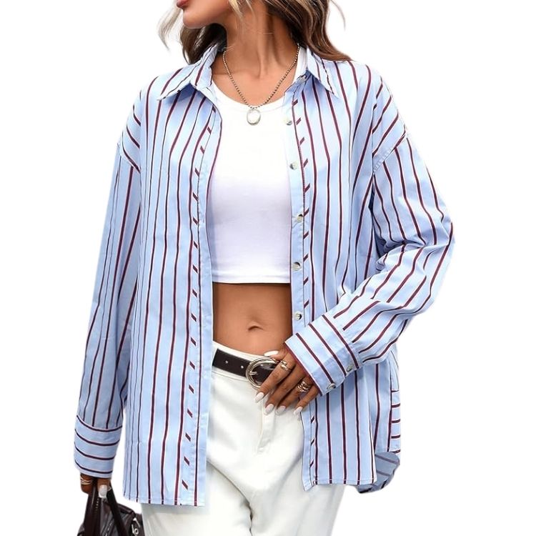 A blue and white striped button-down shirt