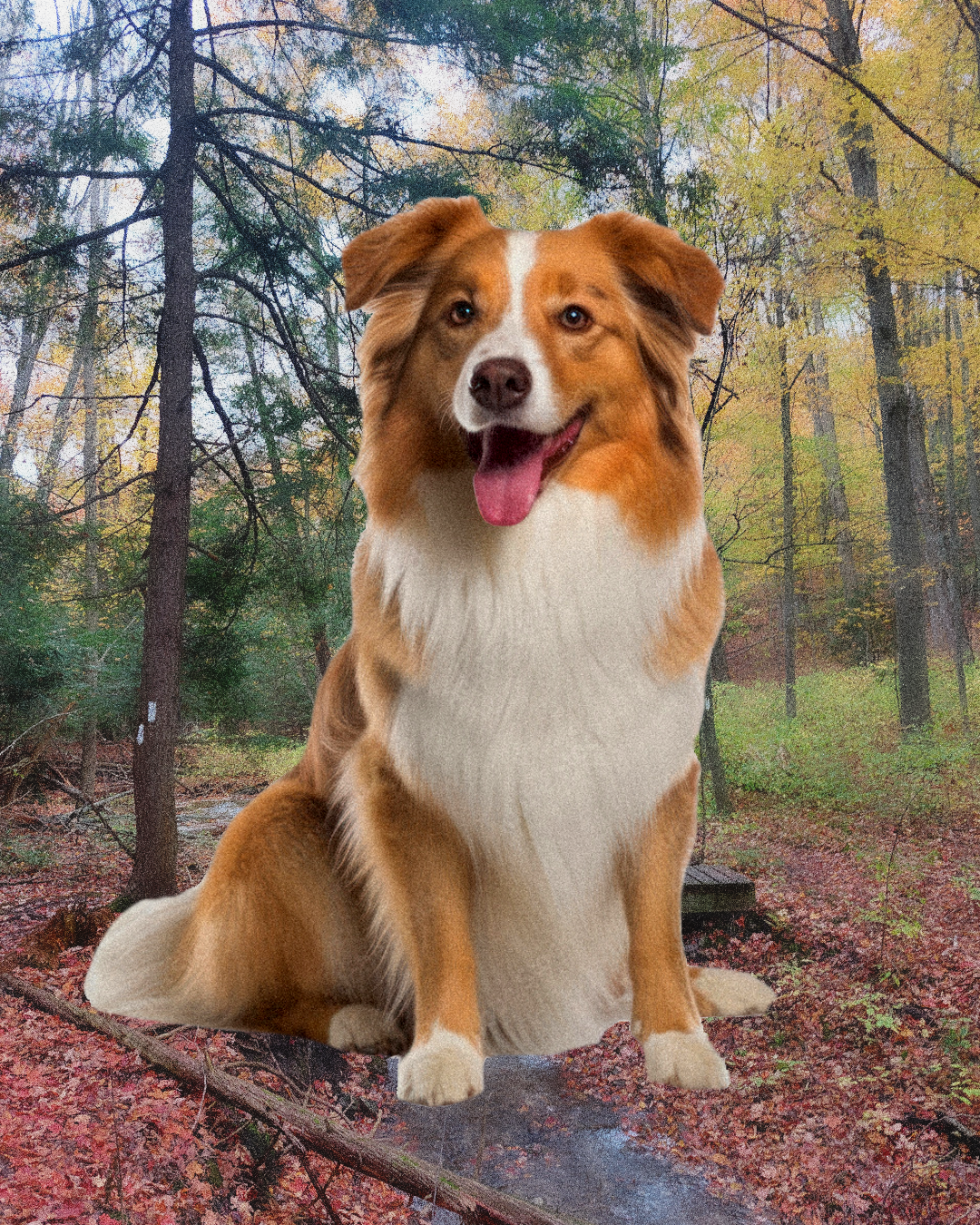 Red and white Border Collie sitting on a path covered in autumn leaves.