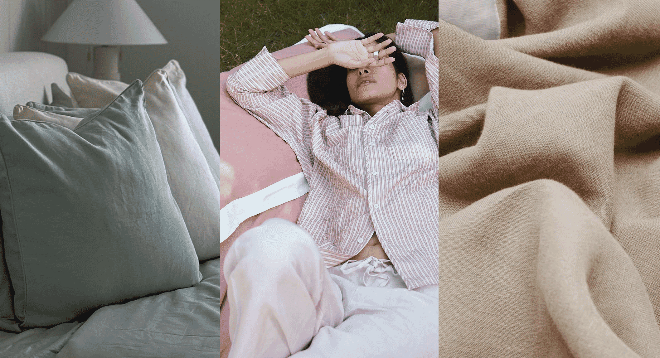 Collage featuring a woman in striped pajamas on grass and close-ups of soft linen textiles.