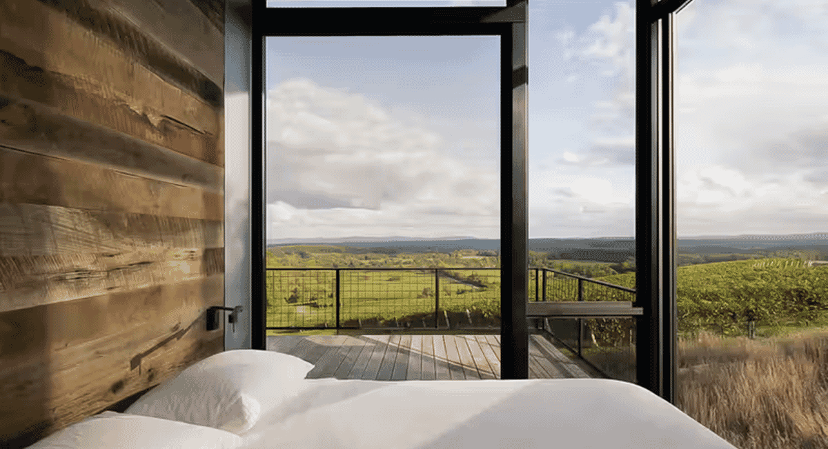 Modern bedroom with natural wood walls and floor-to-ceiling glass doors opening to a vineyard.