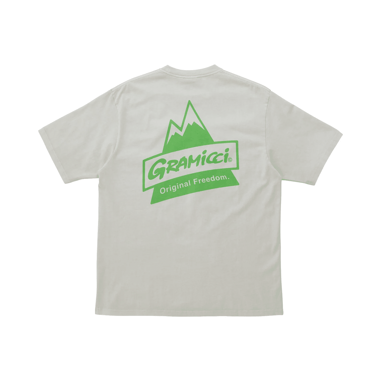 Back view of a light-colored unisex T-shirt with a bright green mountain logo and Original Freedom text.