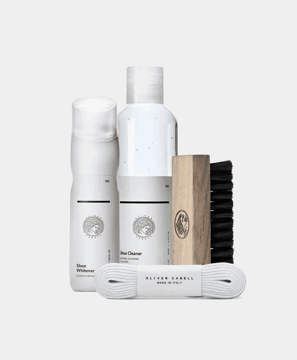 Oliver Cabell shoe care products including cleaner, brush, and laces in white packaging.