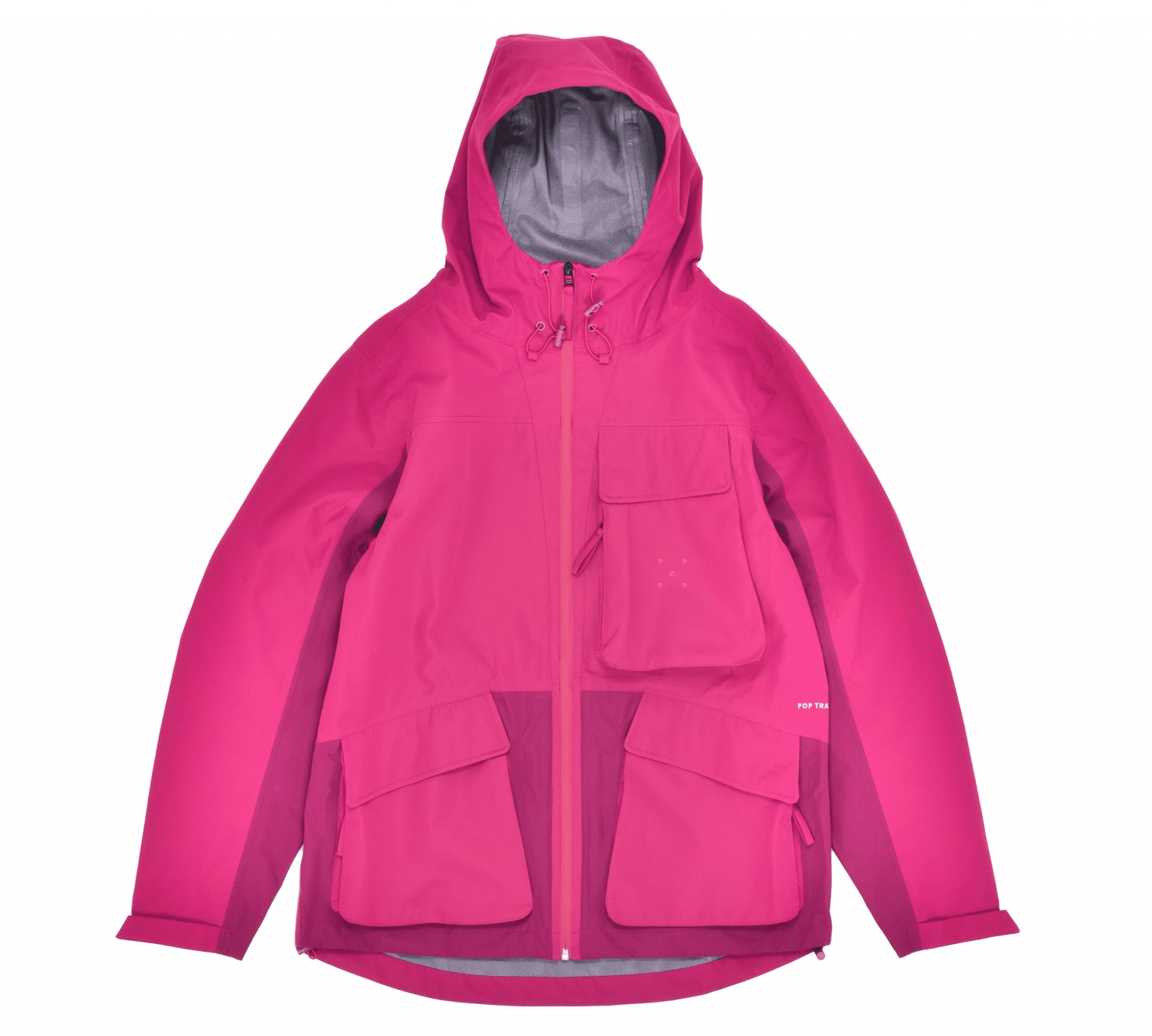 Vibrant fuchsia functional jacket with gray lining and multiple pockets.