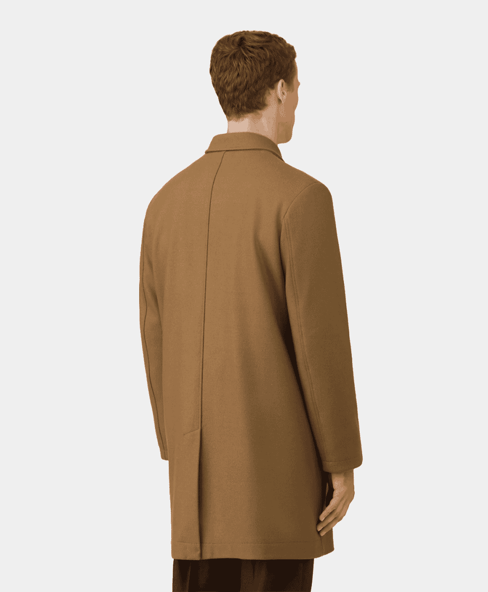 Back view of a man in a tailored brown wool coat showing clean lines and a central vent.