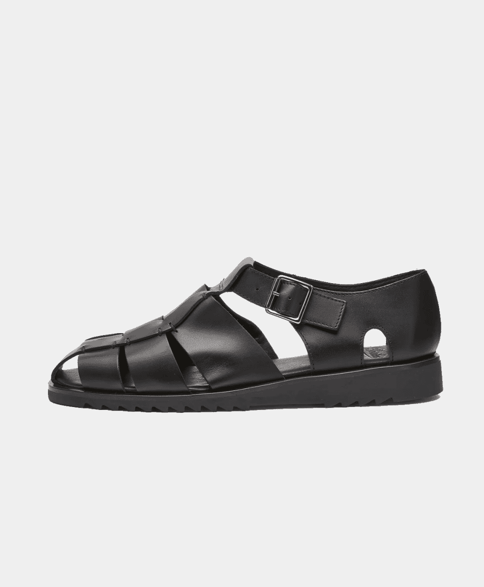 Black leather Paraboot Pacific sandal with a T-strap and chunky rubber sole.