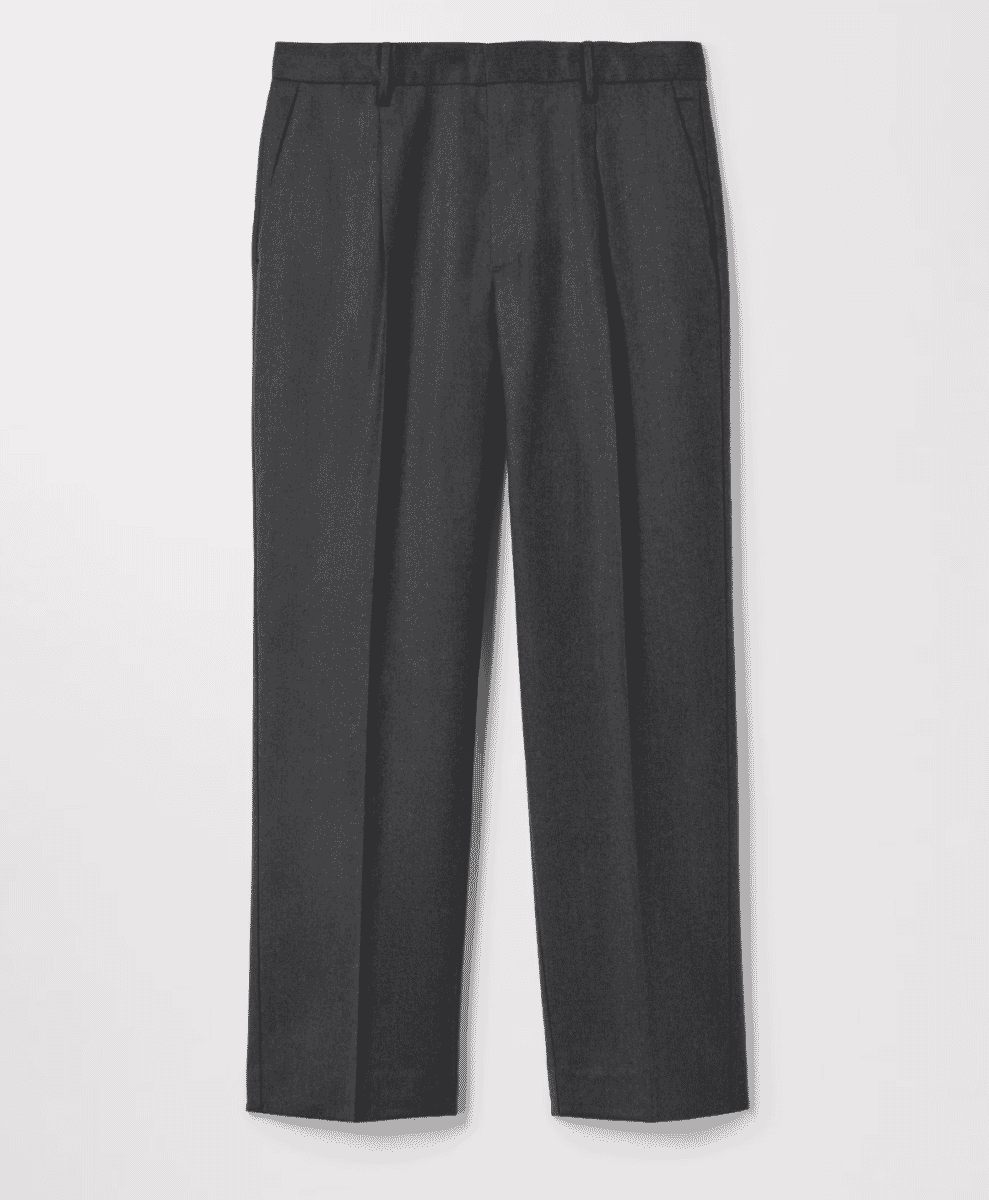 Flat lay of dark gray pleated trousers against a white background.