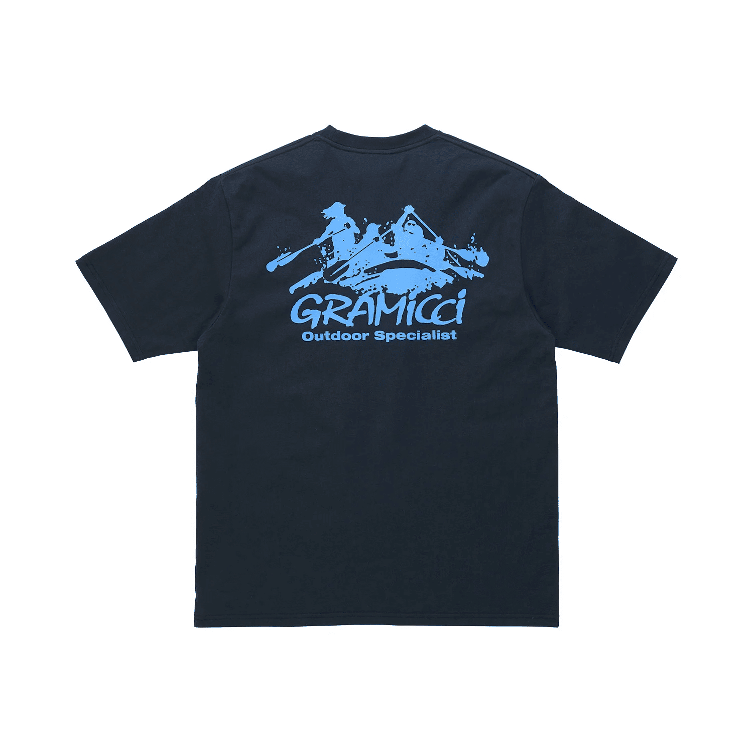 Dark navy T-shirt with a light blue graphic depicting kayakers and the text GRAMICCI Outdoor Specialist.