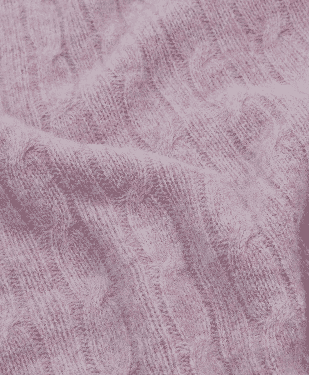 Macro close-up of a soft lilac cable-knit sweater texture.