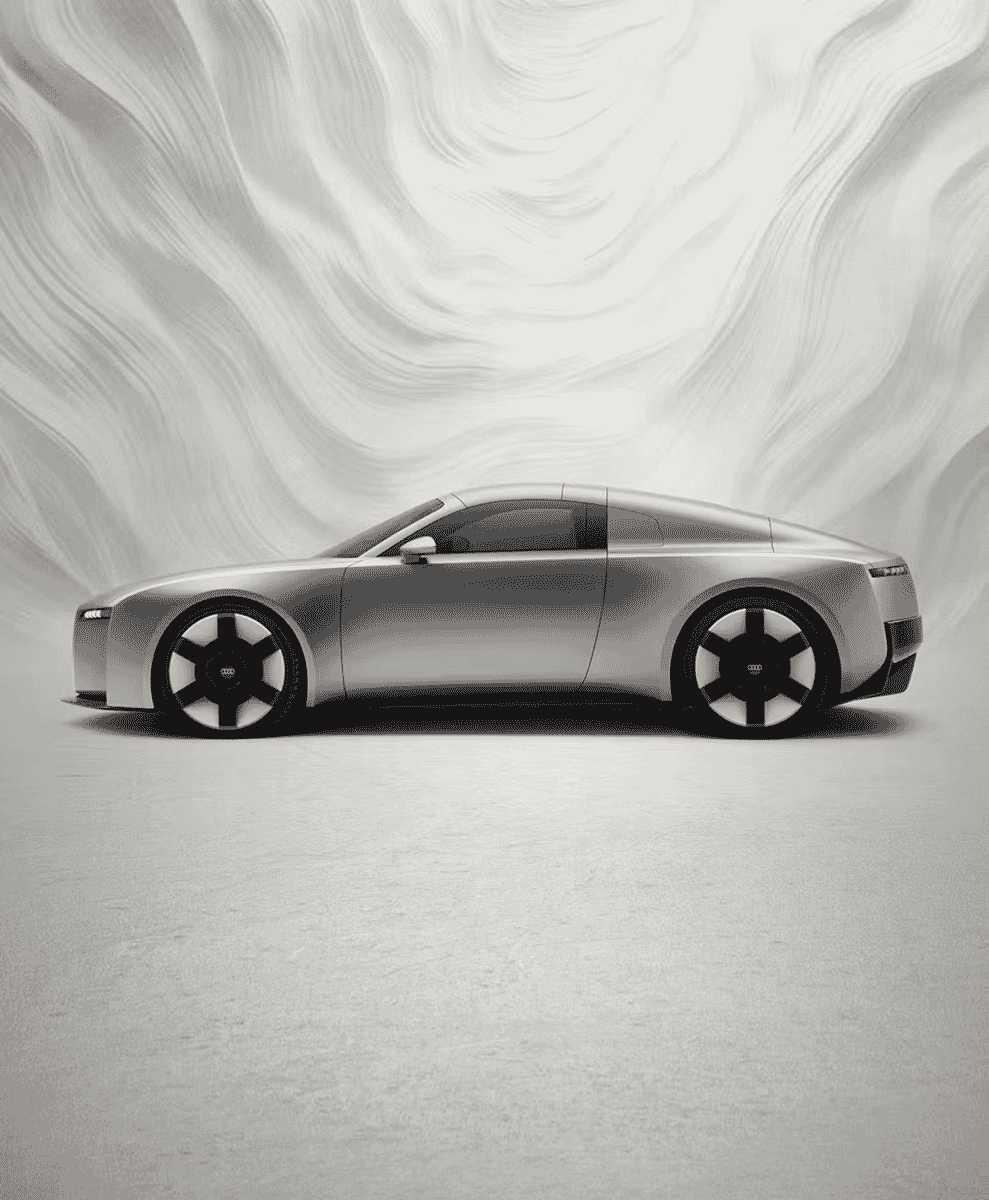 Side profile of a silver Audi concept car showcasing its aerodynamic curves and low stance.