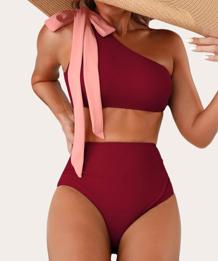 One-shoulder bikini top with a decorative bow detail