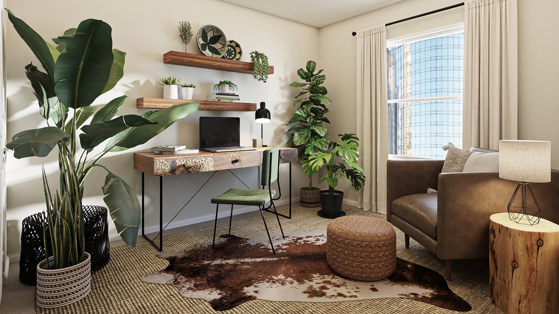 Plant-filled bohemian home office featuring a rustic wooden desk and leather chair.