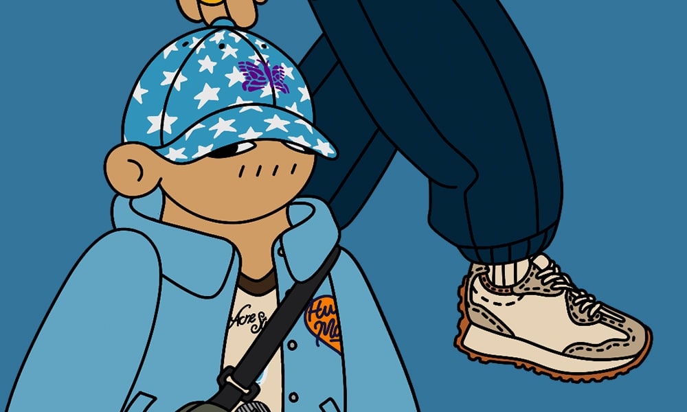 Illustration focusing on dark joggers and beige sneakers as part of a streetwear ensemble.