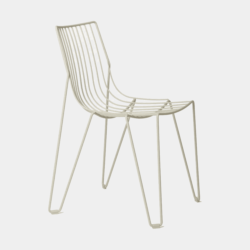 Studio shot of a minimalist white wireframe chair with vertical back slats.