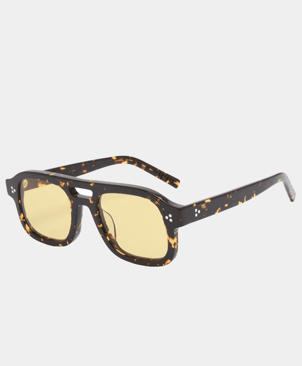 Tortoiseshell aviator-style sunglasses with yellow lenses.