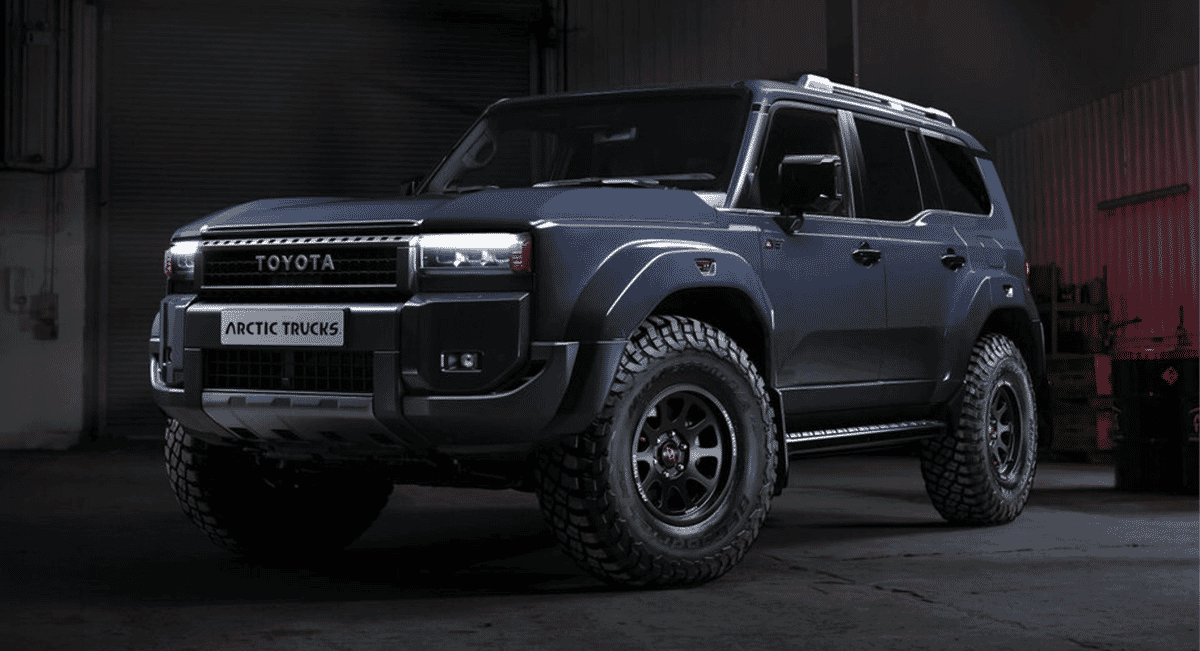 Front three-quarter view of the dark gray Toyota Land Cruiser AT37 modified by Arctic Trucks.