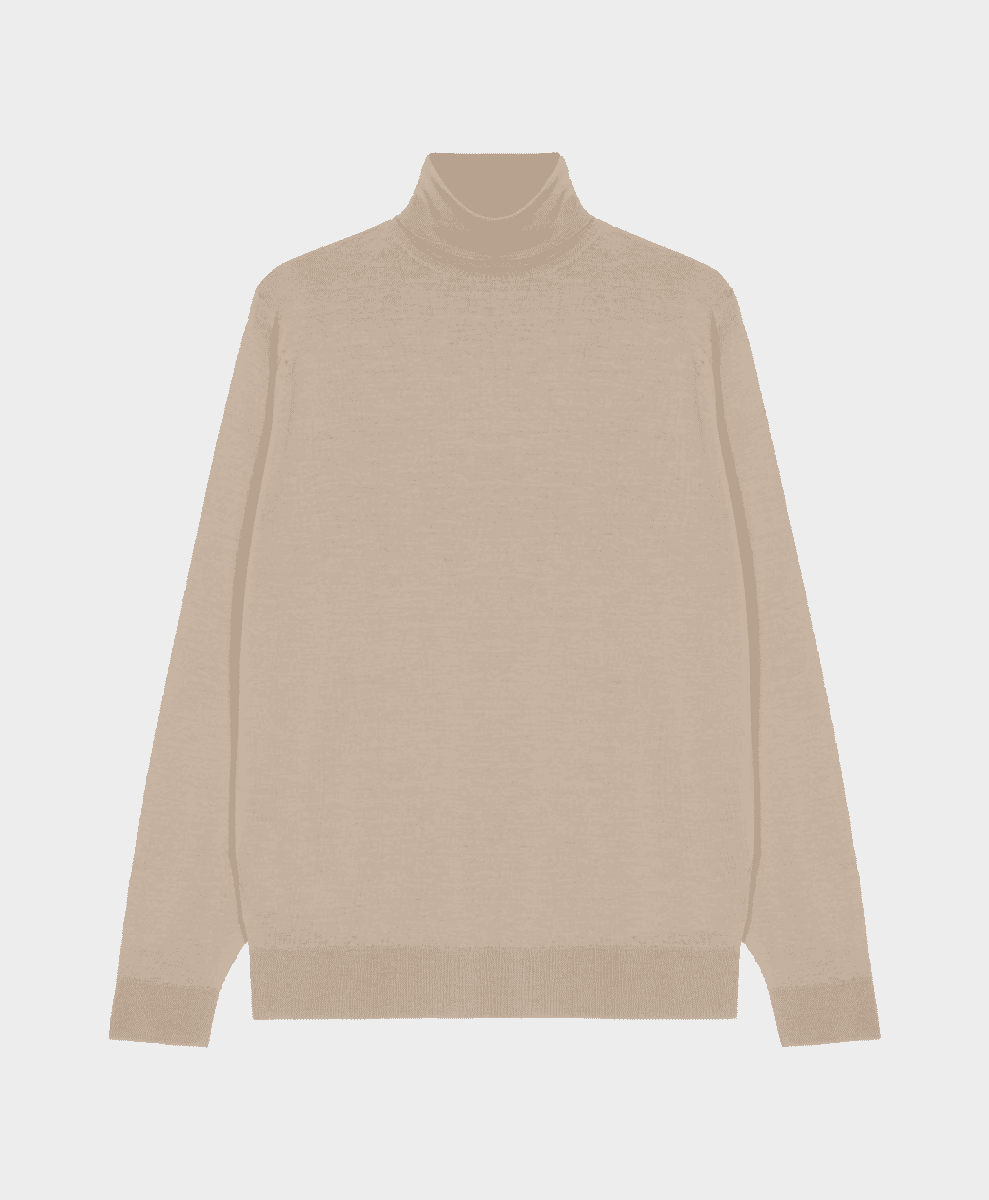 A flat lay of a minimalist beige turtleneck sweater.