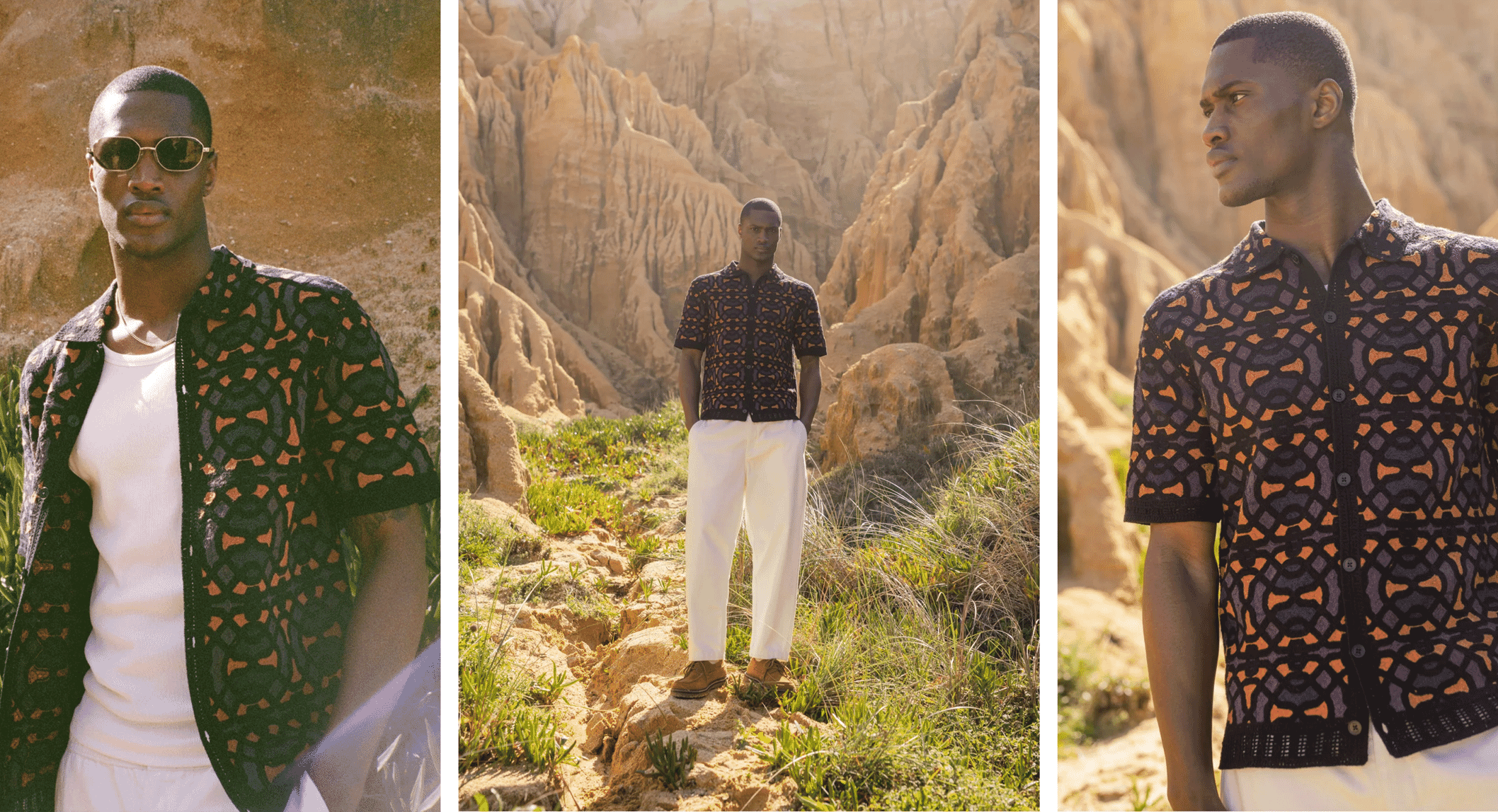 A man models a black and orange patterned knit cardigan and shirt in a desert canyon landscape.