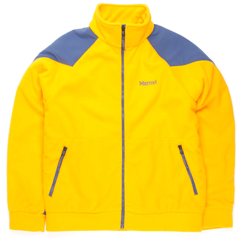 A bright yellow Marmot fleece jacket with contrast blue shoulder panels.