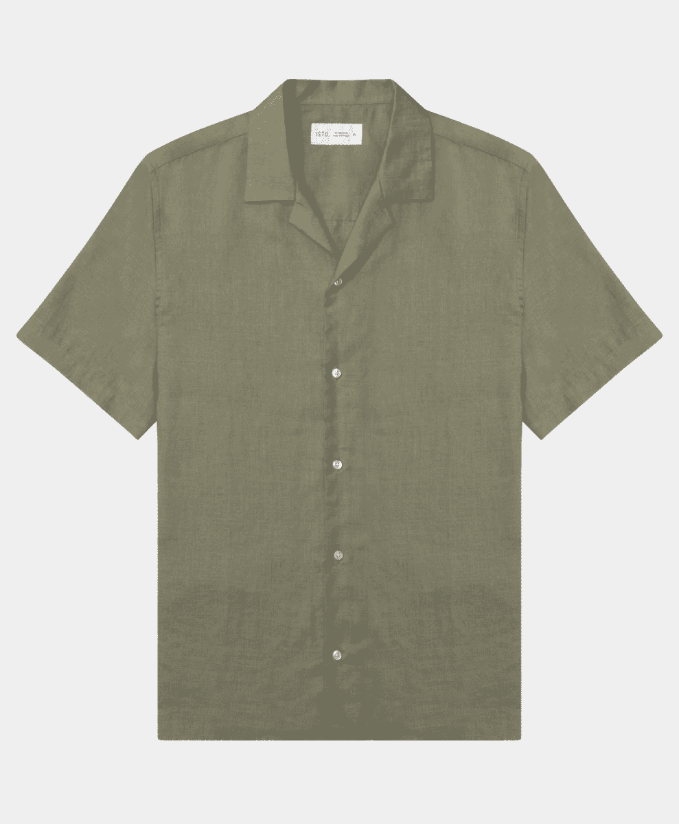 Flat lay of an olive-green short-sleeved linen camp-collar shirt