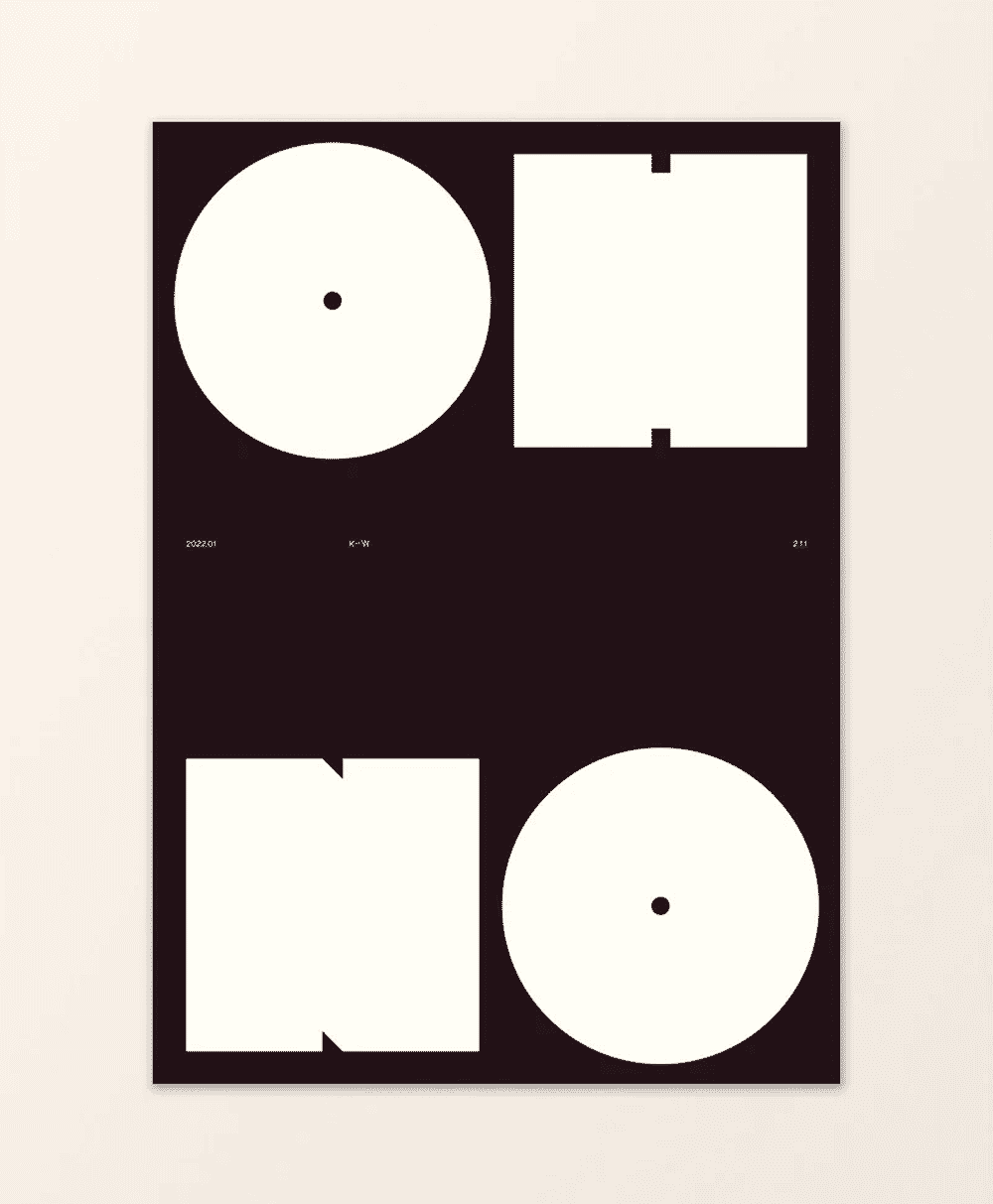 Minimalist graphic design with white circles and squares on a dark background.