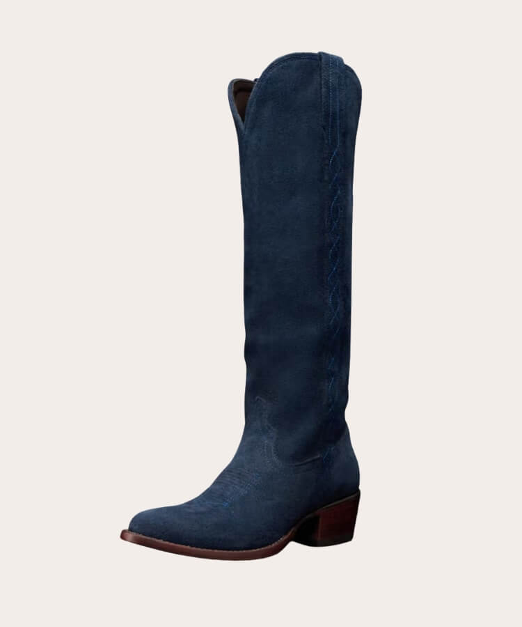 Tecovas knee-high suede cowgirl boots with traditional embroidery.