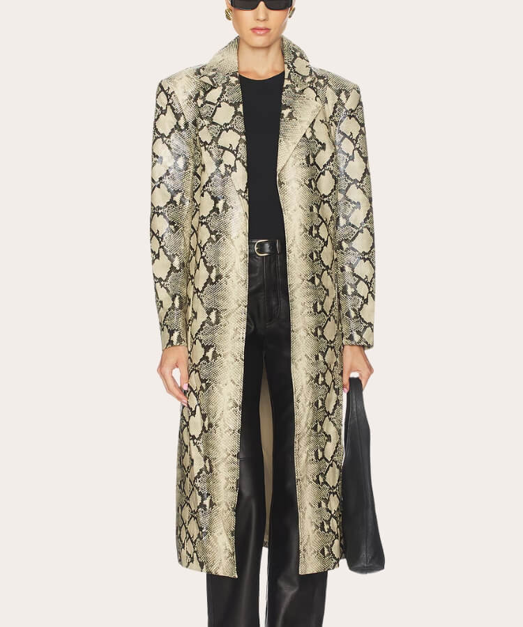 Full-length Revolve long snakeskin coat with realistic python pattern.