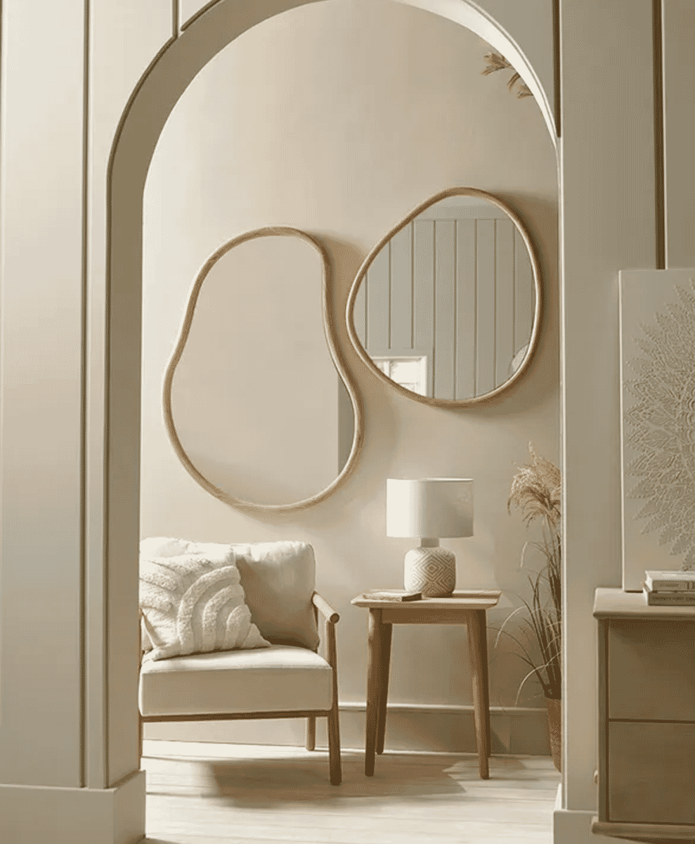 Neutral-toned interior featuring organic-shaped mirrors viewed through an arched doorway.