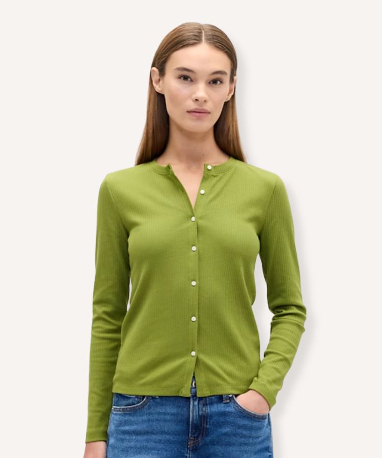 A ribbed button-up top in a bright chartreuse green.
