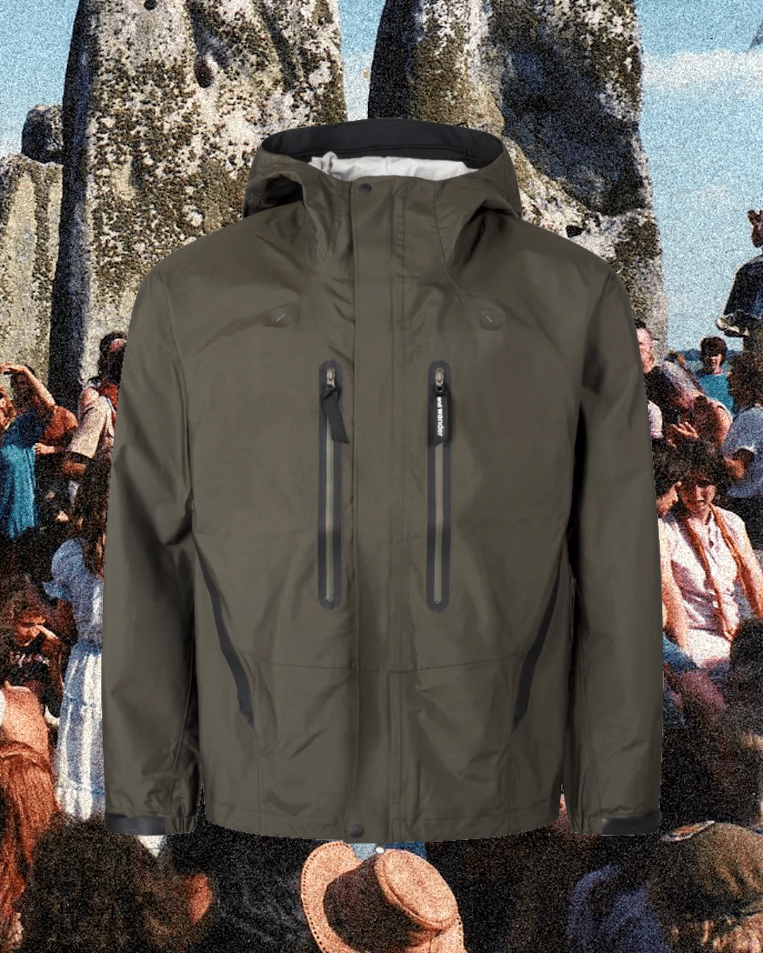 Dark olive green hooded waterproof shell jacket featuring vertical technical zippers and brand logo.